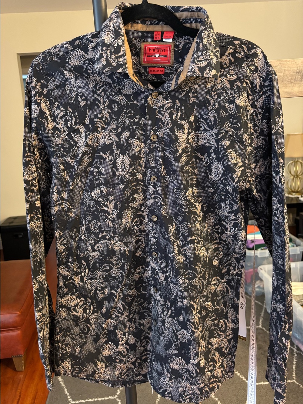 Haupt Black Floral Button-Up Shirt with Tan Collar Trim